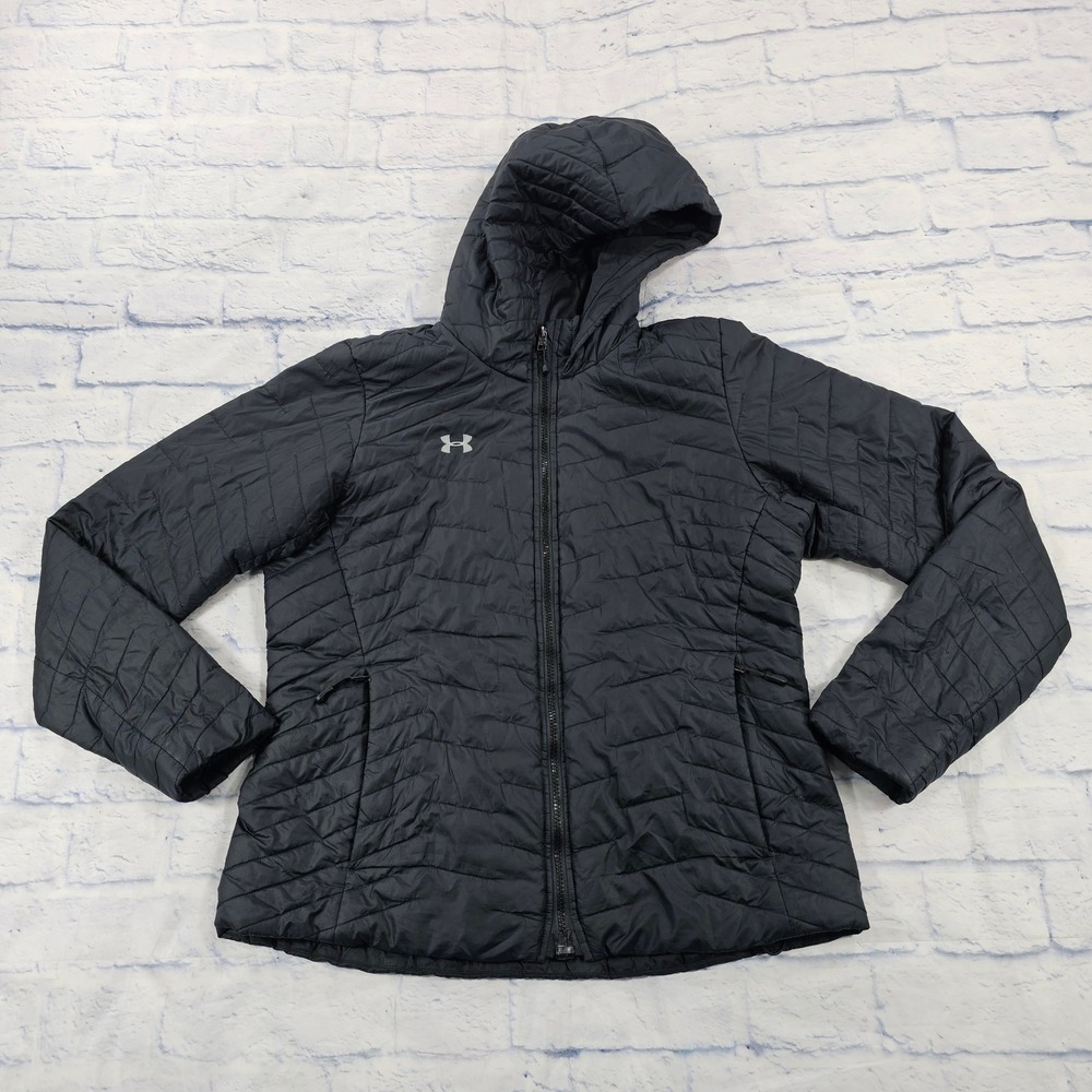 Under Armour Reactor Puffer Jacket Womens L Black Hooded ColdGear Insulated